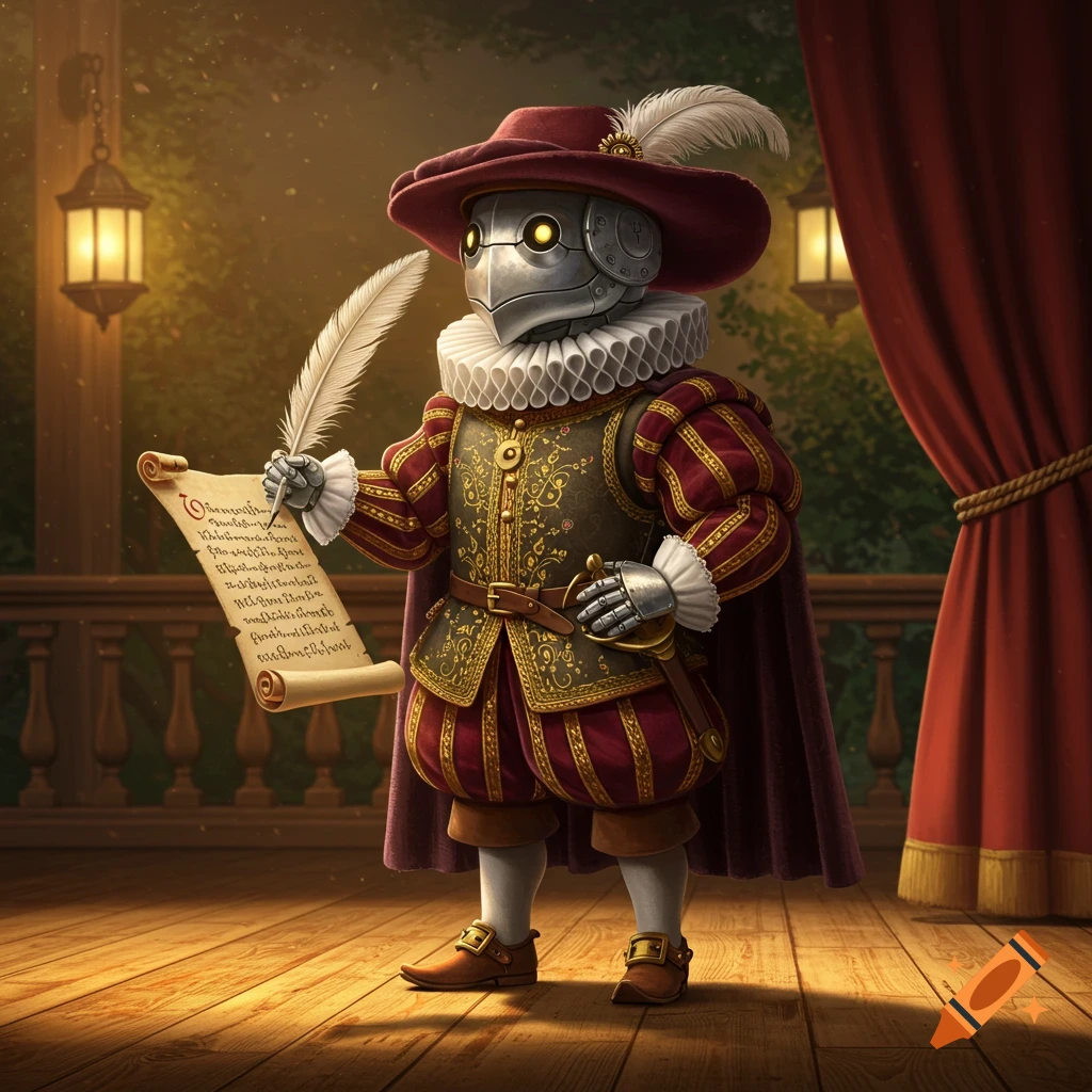 A robot in ornate Renaissance attire with a feathered hat holds a quill and scroll on a wooden stage.