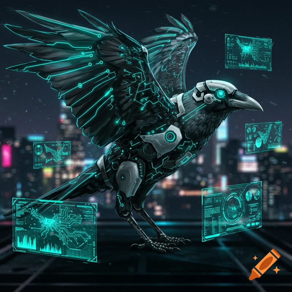 A cyberpunk crow, adorned with glowing turquoise circuits and metallic armor, stands on a rooftop with holographic data screens and a blurred city background.