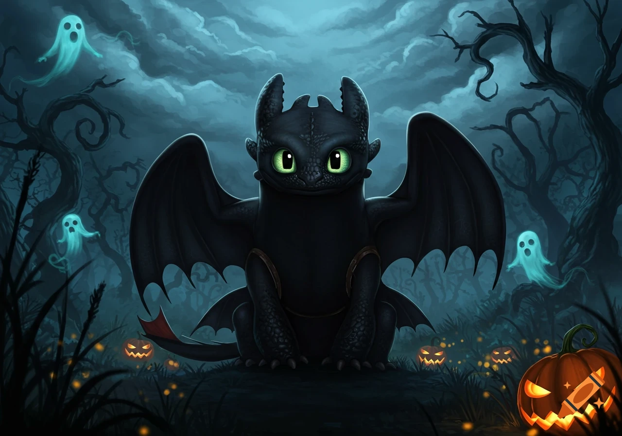 Toothless, a black dragon, sits in a spooky, moonlit Halloween forest with glowing jack-o'-lanterns and floating ghosts.
