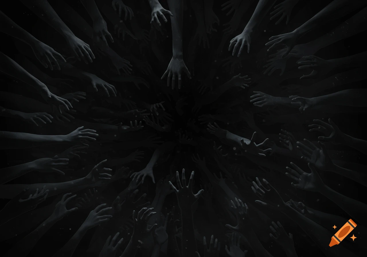 Numerous shadowy hands reaching out from a dark, abstract void.