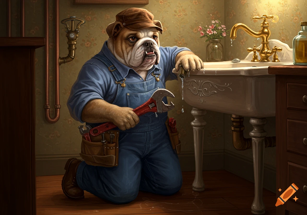 A detailed illustration of a bulldog plumber in overalls and a cap, kneeling to fix a leaky vintage sink with a large red wrench.