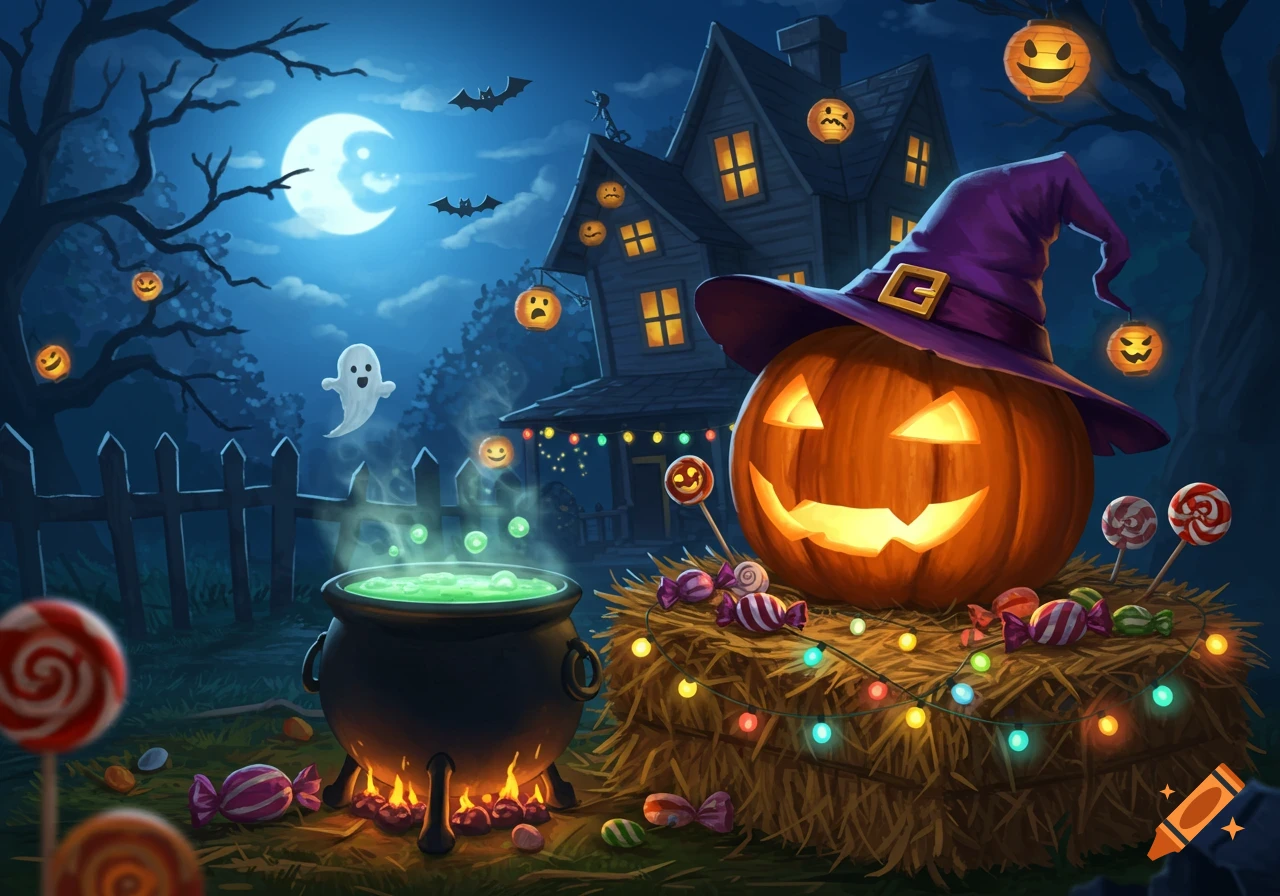 Vibrant Halloween illustration of a smiling jack-o'-lantern with a witch hat, a bubbling cauldron, and a spooky house under a full moon.