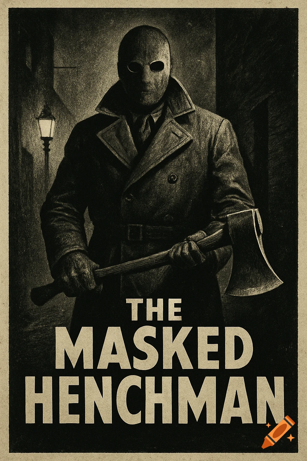 Vintage cinema poster in grayscale, depicting a masked figure in a trench coat holding an axe, with the title 'THE MASKED HENCHMAN'.