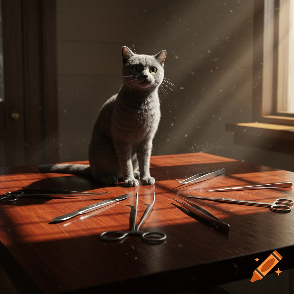 A grey cat with green eyes sits on a wooden table, surrounded by various surgical instruments, in a dimly lit room with a ray of sunlight.