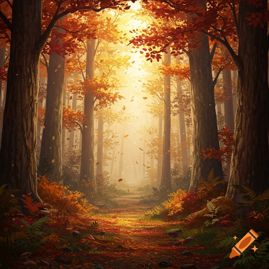 A vibrant, painterly autumn forest with a sunlit path through tall trees and colorful leaves.