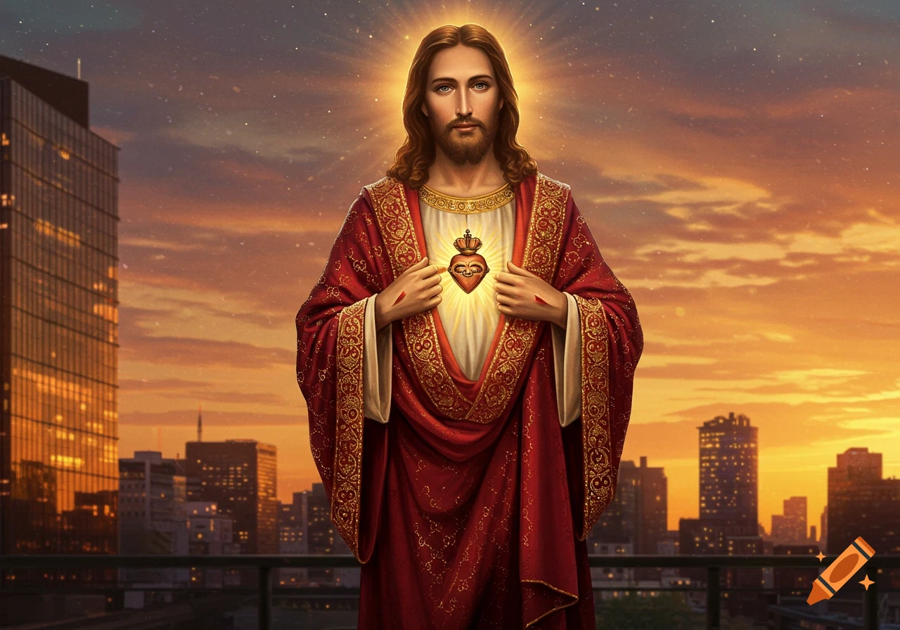 Jesus Christ in ornate red robes, displaying the Sacred Heart and stigmata, stands before a city skyline at sunset.