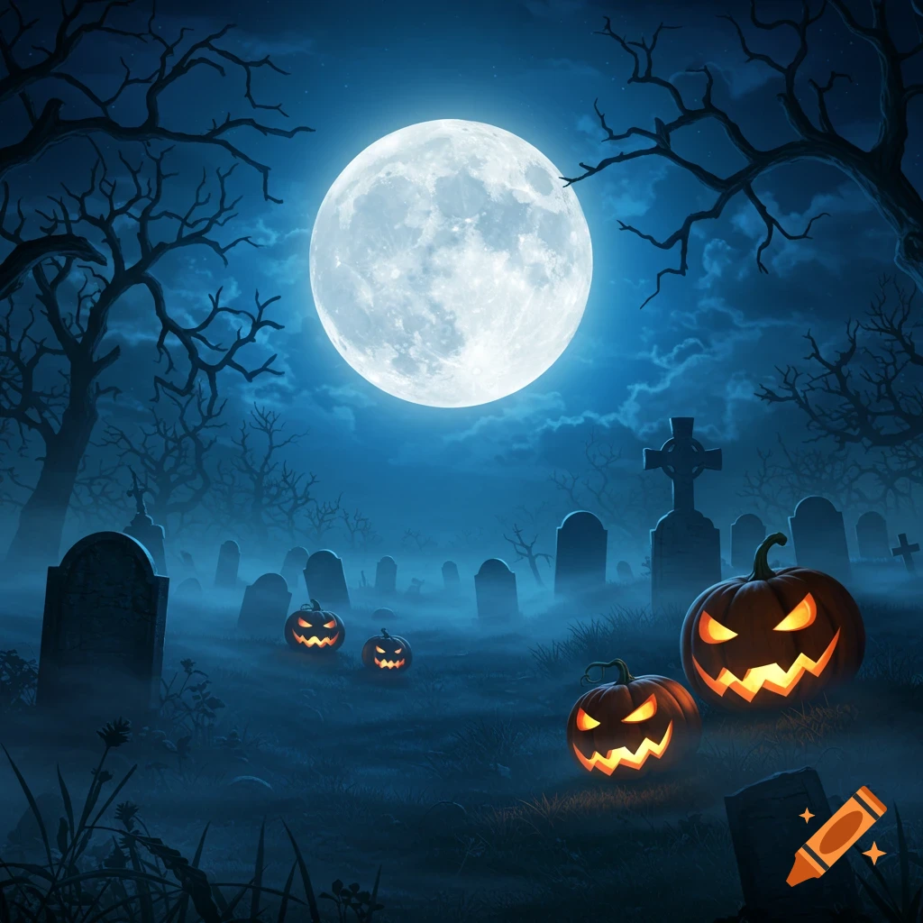 A stylized illustration of a spooky graveyard at night under a full moon, with glowing jack-o'-lanterns and bare trees.