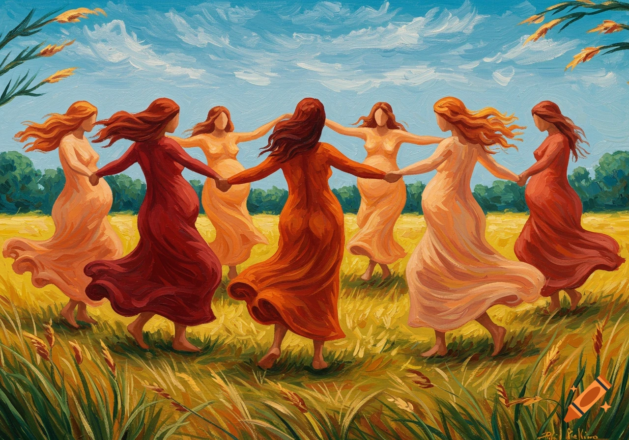 Seven pregnant women in flowing dresses dance in a circle in a golden field under a blue sky, in a stylized painting.