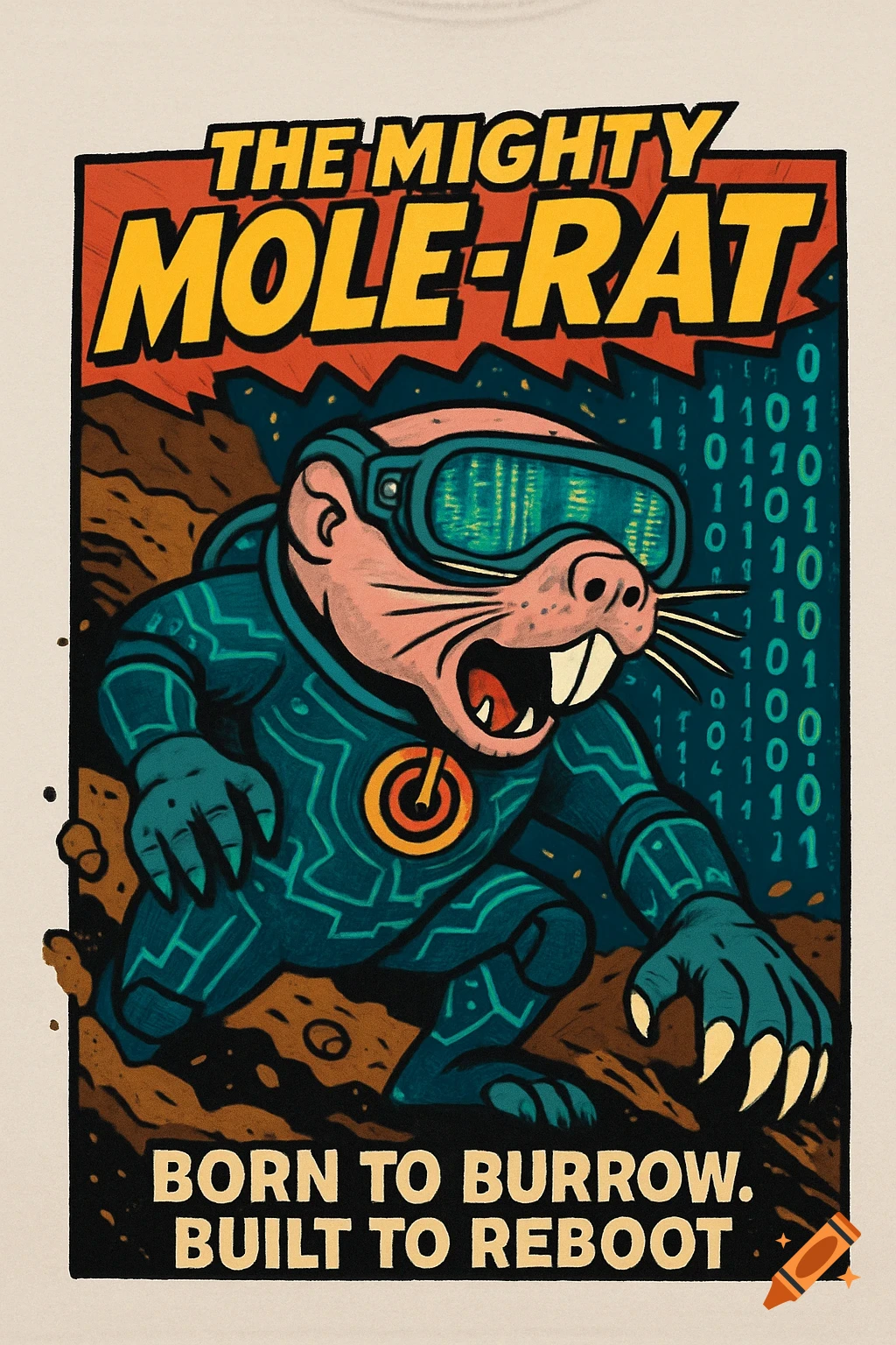 Comic poster of 'The Mighty Mole-Rat', a superhero mole-rat in a teal suit with binary code, emerging from dirt. Text: 'Born to burrow. Built to reboot.'