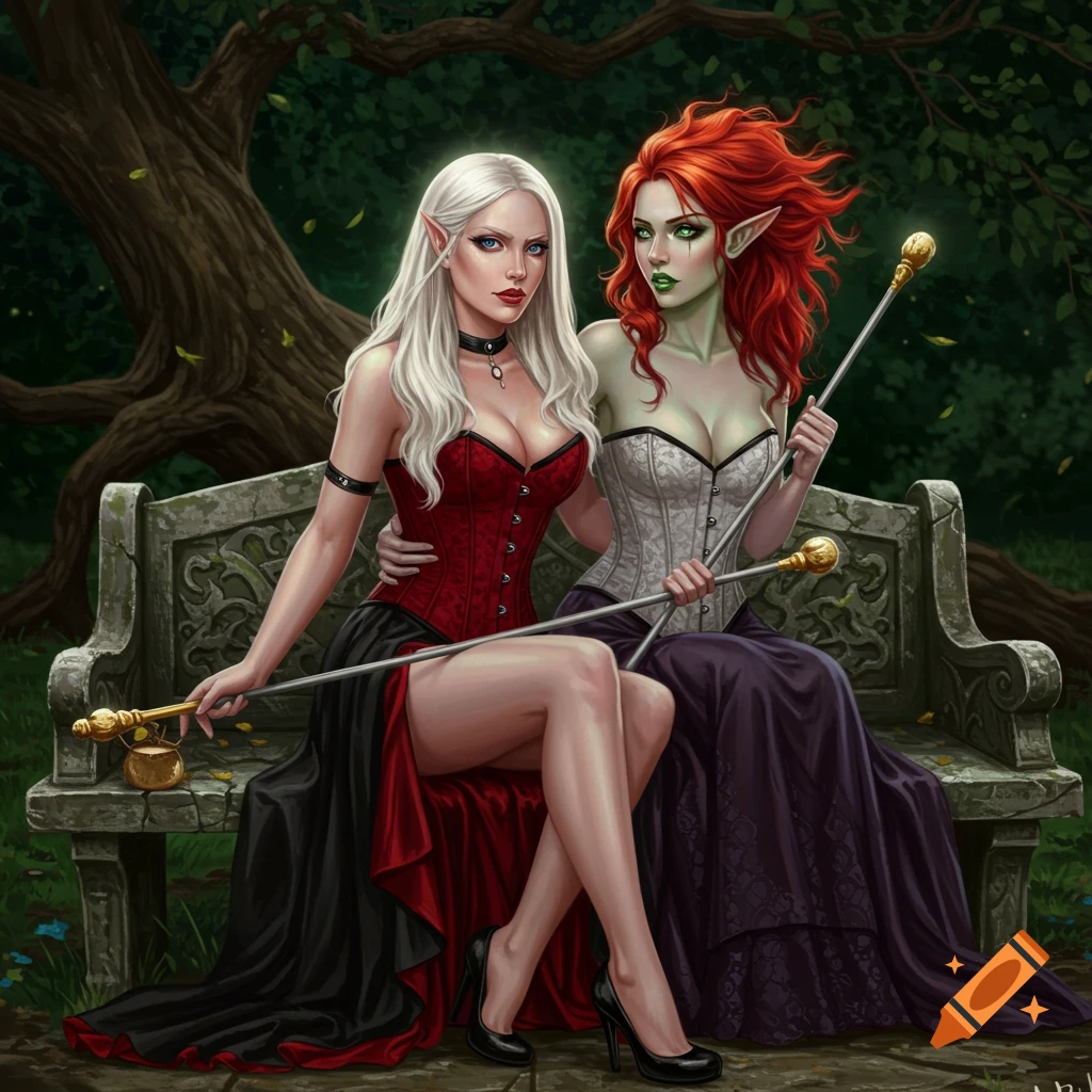 Two fantasy elves, one blonde in red, one red-haired in white, sit on a stone bench in a forest, holding ornate staffs. Digital art.