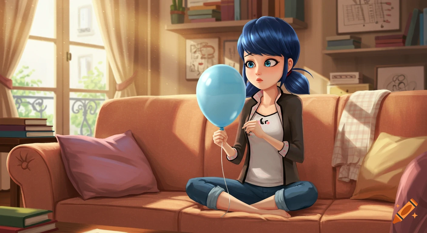 Marinette Dupain-Cheng sits cross-legged on a couch, holding a light blue balloon, in a bright, animated style.