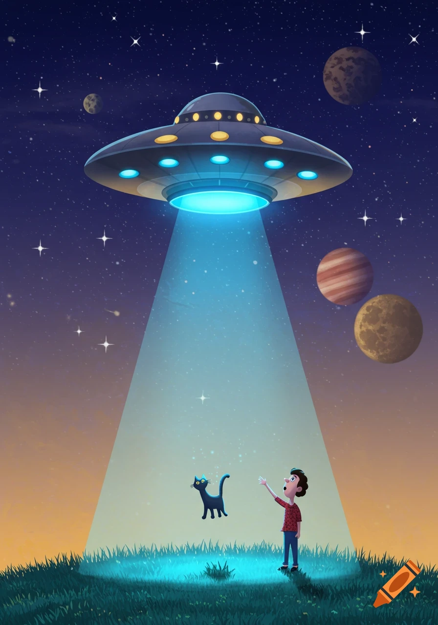 Whimsical cartoon illustration of a UFO abducting a boy and a cat with a blue tractor beam under a starry night sky with planets.