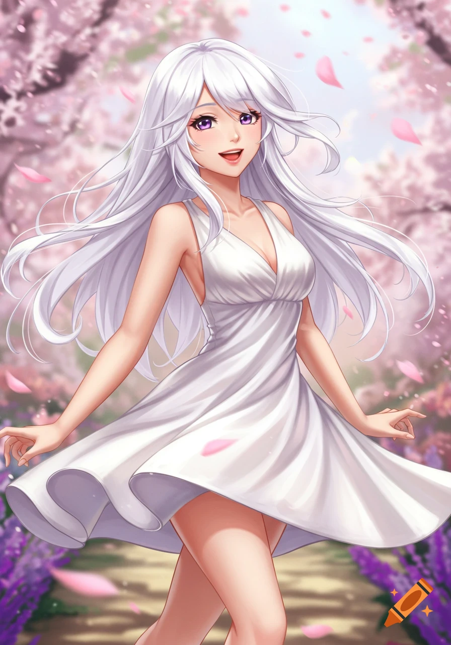 Anime woman with long white hair and purple eyes, twirling happily in a white dress in a cherry blossom garden.