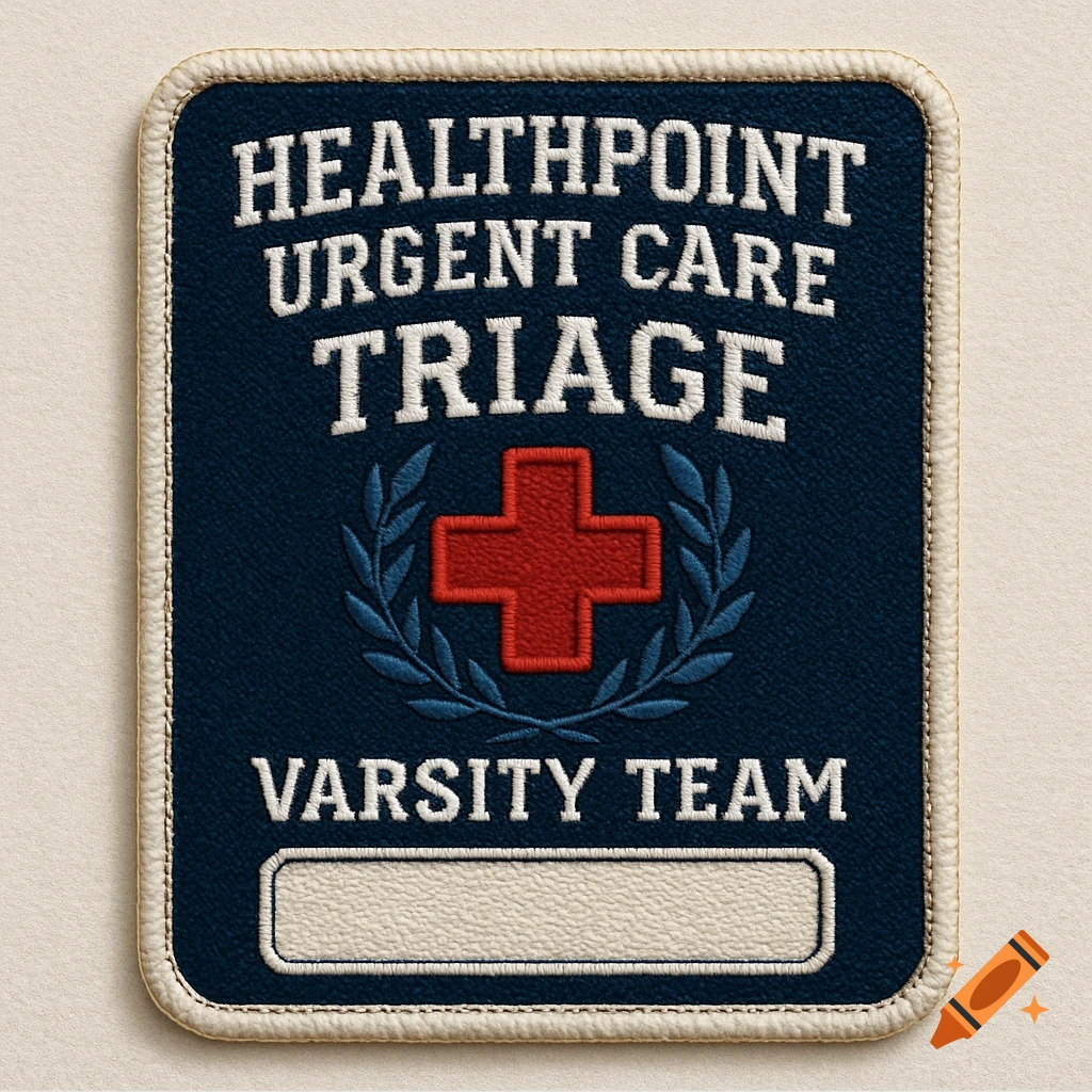 An embroidered sew-on patch for Healthpoint Urgent Care Triage Varsity Team, featuring a red cross with olive branches and a space for writing.