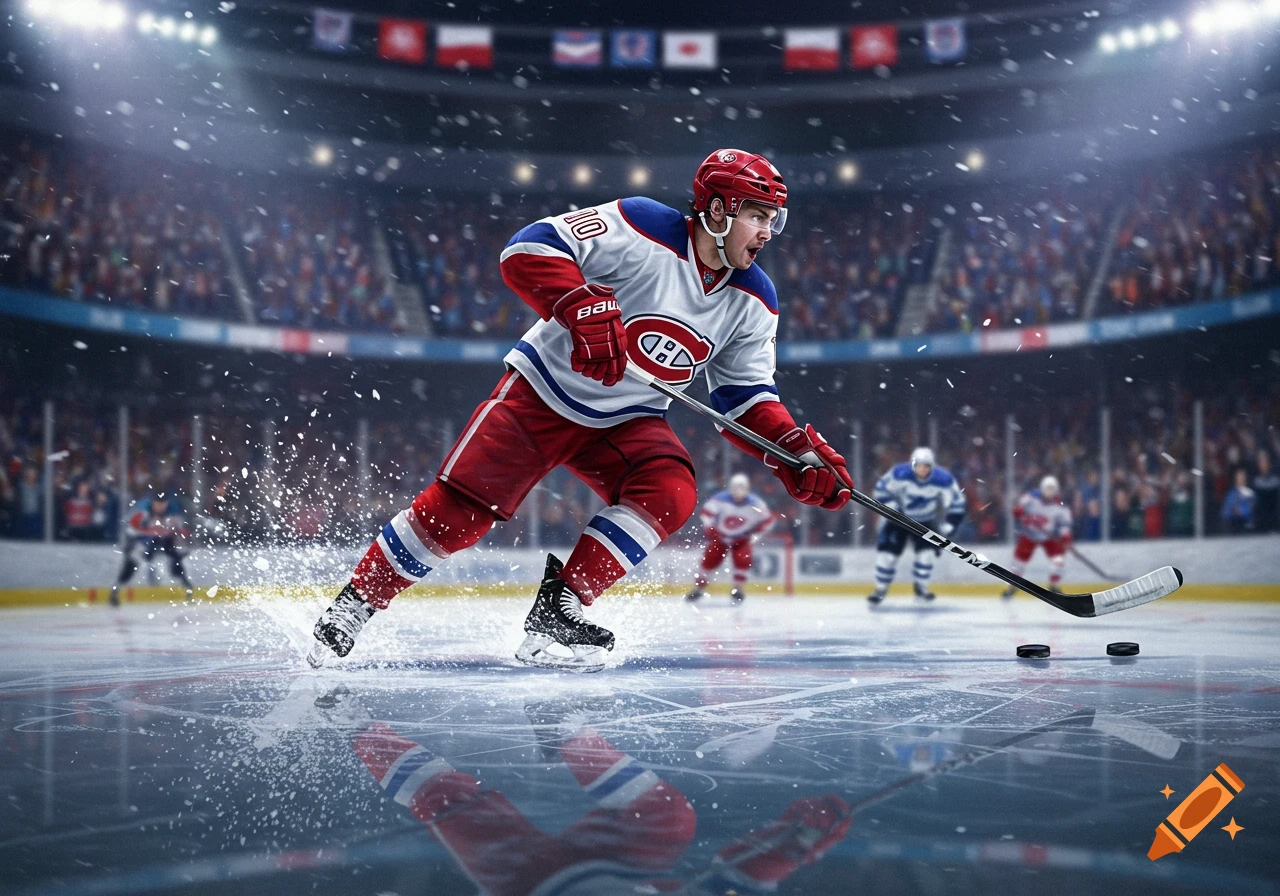 Photorealistic action shot of a hockey player in a red and white uniform skating aggressively on ice, pucks nearby.