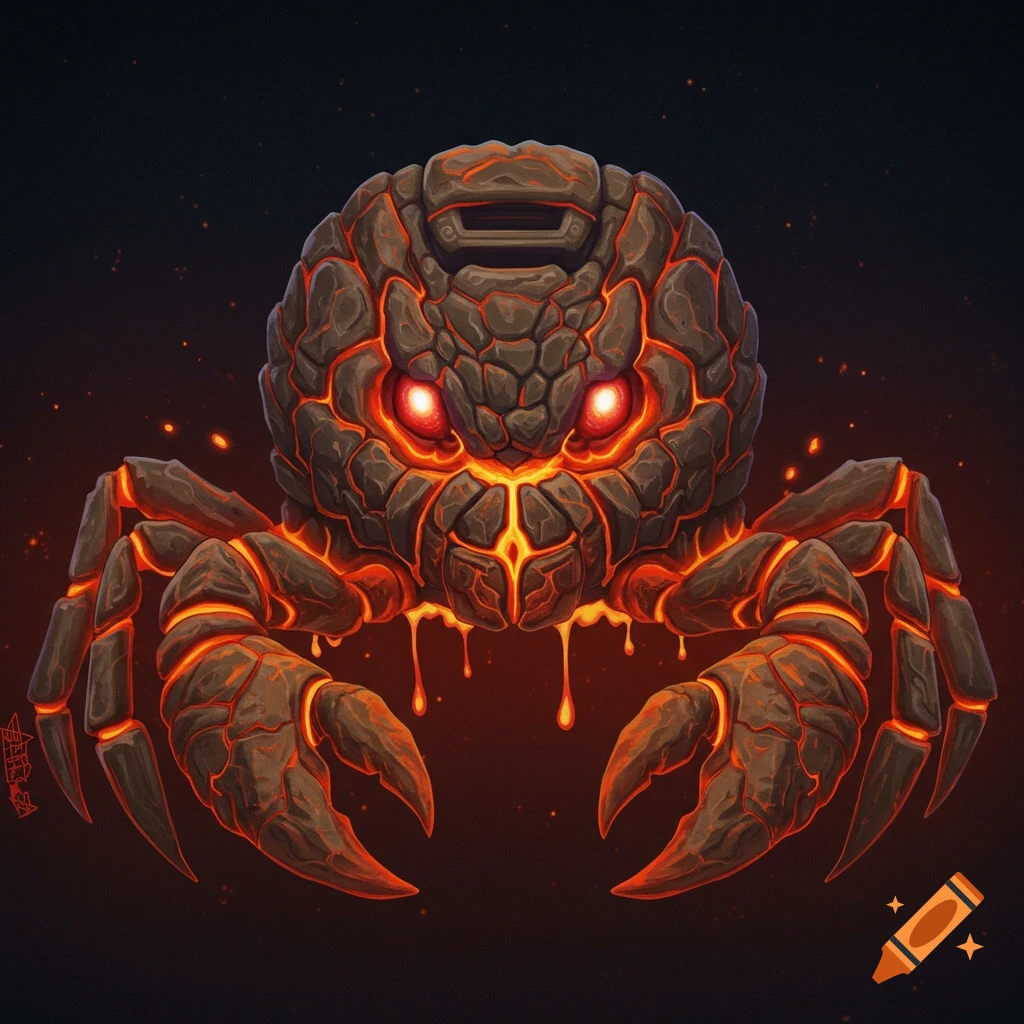 A menacing crab-like creature made of cracked volcanic rock, glowing with molten lava and red eyes, against a dark background.