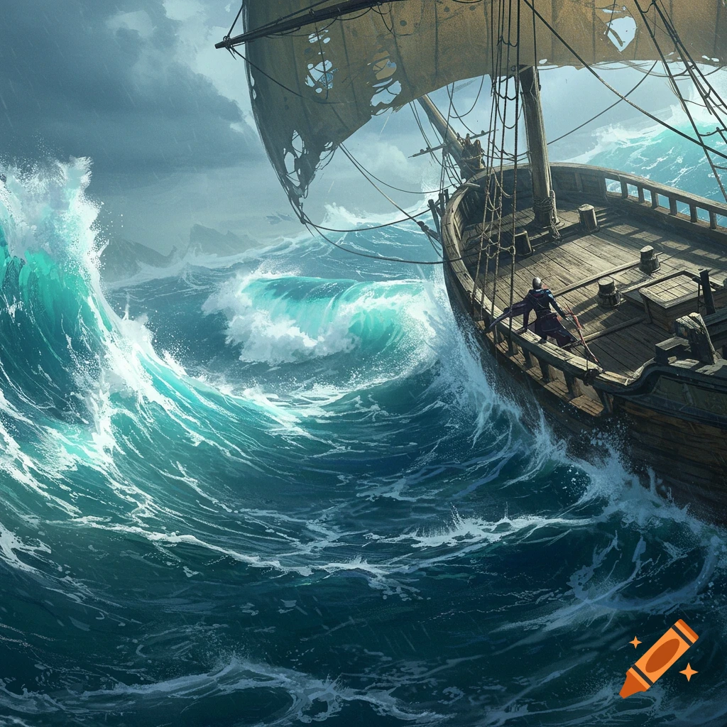 A lone robed figure stands on the deck of an old wooden ship with tattered sails, battling huge turquoise waves in a stormy sea.