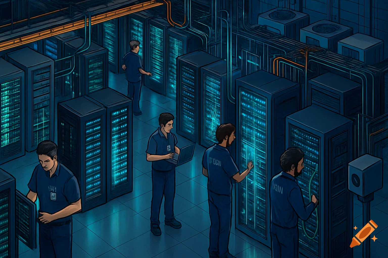 An illustration of a data center with blue glowing servers and several men in blue uniforms working on them.