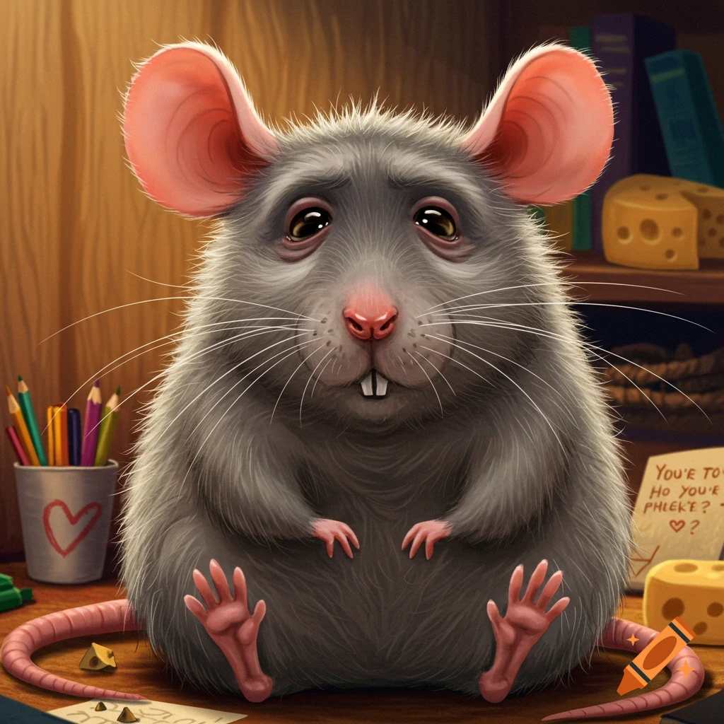 A fluffy, sad-eyed cartoon rat with large pink ears sits on a desk, surrounded by pencils and cheese.