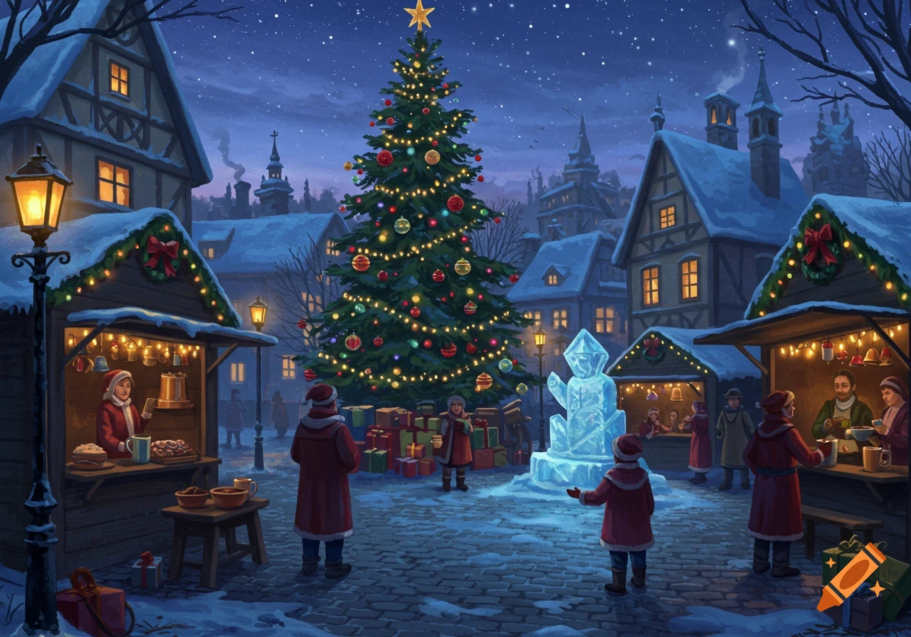 A festive, snowy Christmas market at night with a large decorated tree, market stalls, an ice sculpture, and people under starry skies.