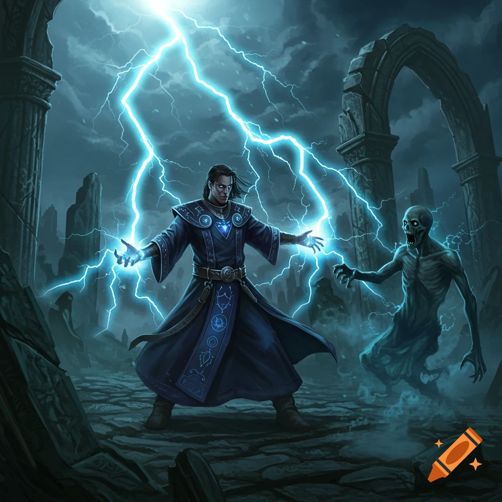 A dark wizard unleashes blue lightning magic at a skeletal ghoul in a ruined, stormy landscape, digital painting.