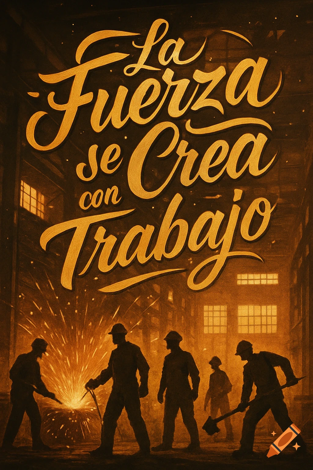 Golden calligraphic text reads 'La Fuerza se Crea con Trabajo' above silhouetted workers welding in a dark industrial setting.