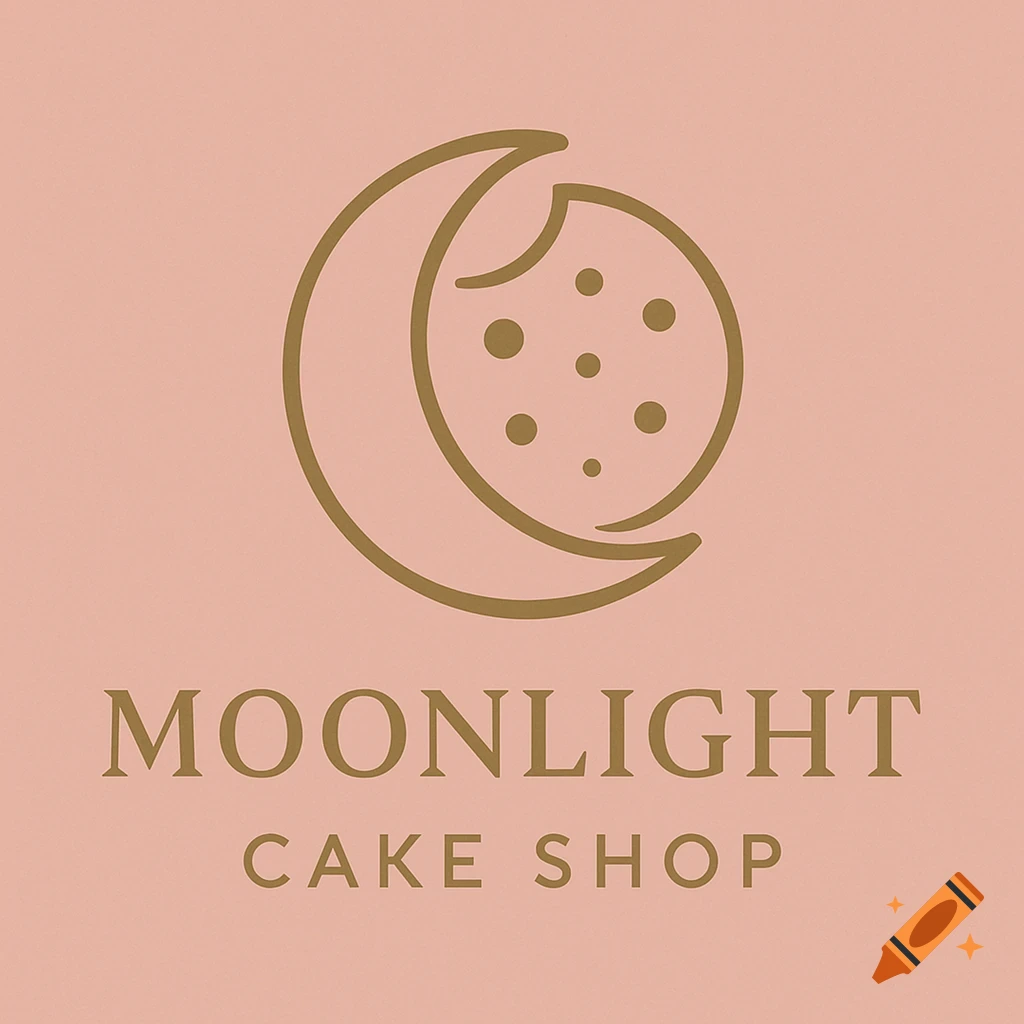 Minimalist gold line art logo of a crescent moon and a cookie on a pale pink background with 'MOONLIGHT CAKE SHOP' text.