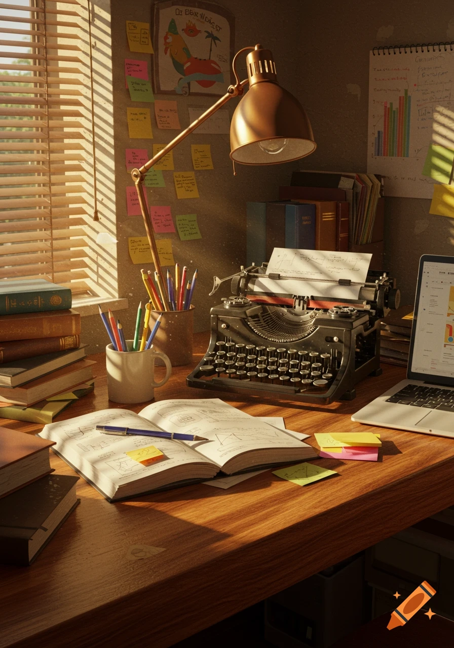 A sunlit, messy desk with a vintage typewriter, an open book, a laptop, pencils, and stacks of books. Blinds cast striped shadows.