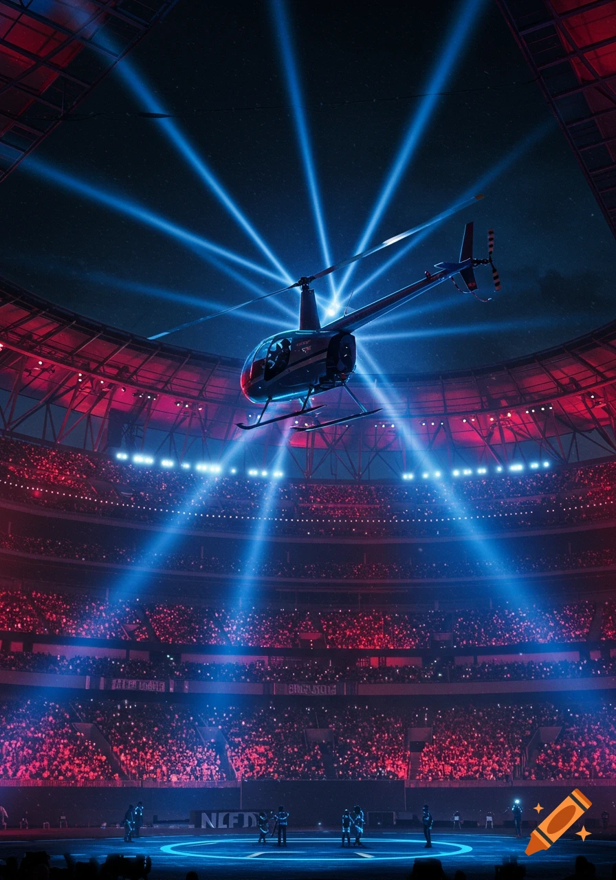 A helicopter hovers over a stadium filled with a crowd, illuminated by dramatic blue and red spotlights.