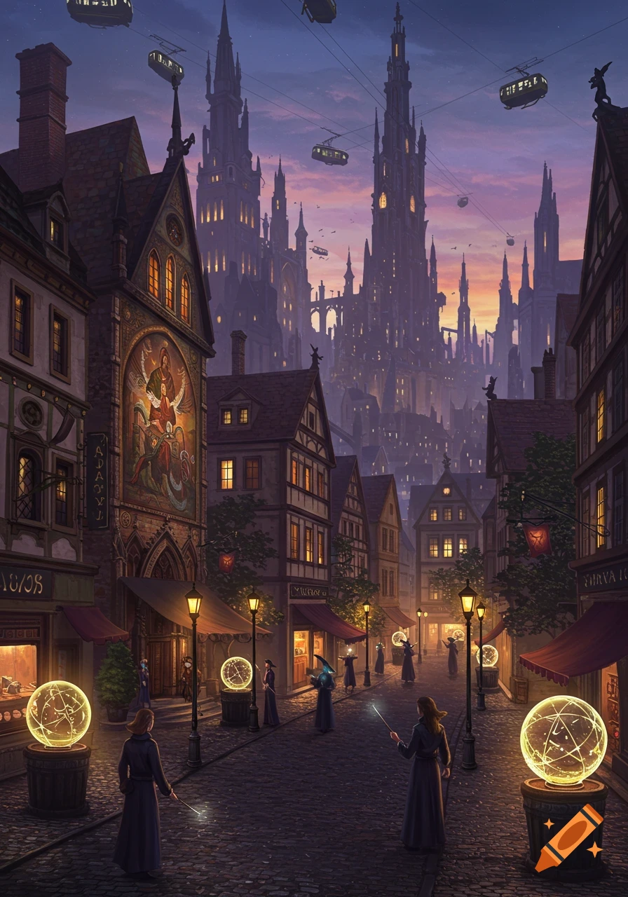 A fantasy witch city at dusk, with Gothic architecture, cobbled streets, flying gondolas, and witches casting spells.