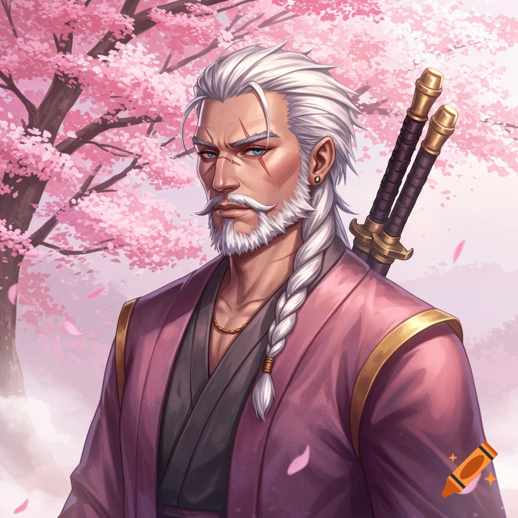 Anime illustration of a white-haired man with a beard, blue eyes, and scars, wearing a pink kimono with swords, in front of a cherry blossom tree.
