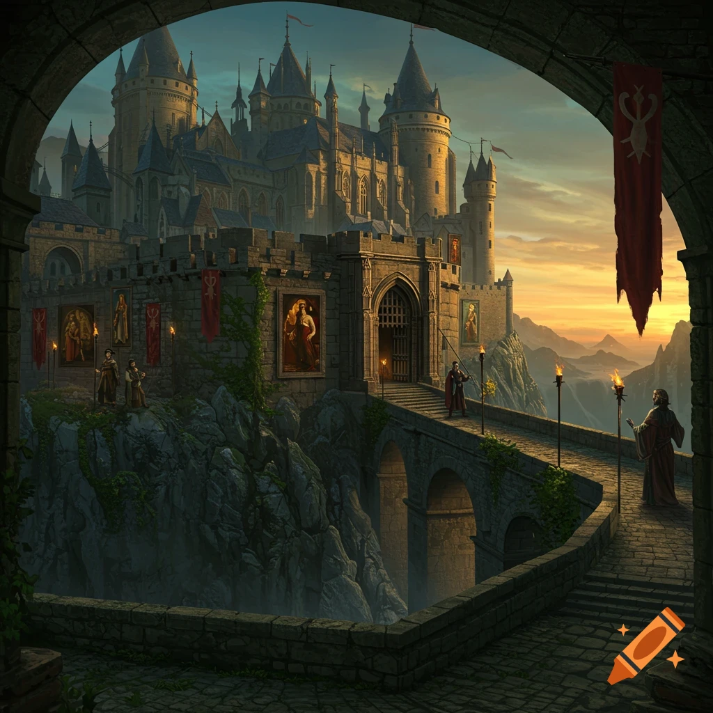 Grand medieval castle on a cliff with a stone bridge, figures, banners, and artworks, under a sunset sky. Detailed fantasy art.