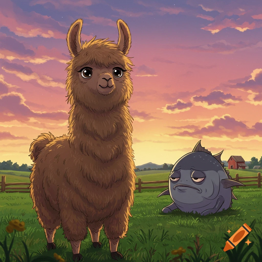 An anime llama stands in a green field with a grumpy tuna fish and a red barn at sunset.