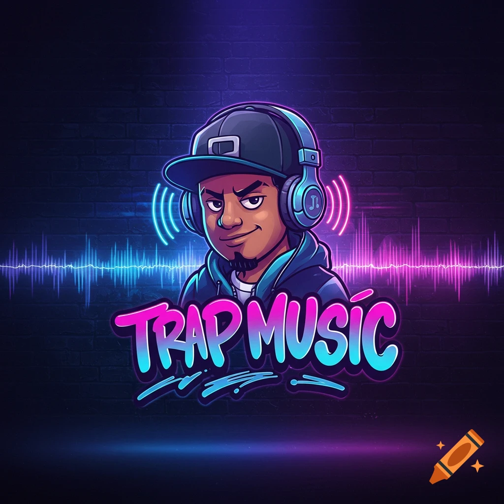 Cartoon character with headphones and a cap, surrounded by neon sound waves and 'TRAP MUSIC' text, on a brick background.
