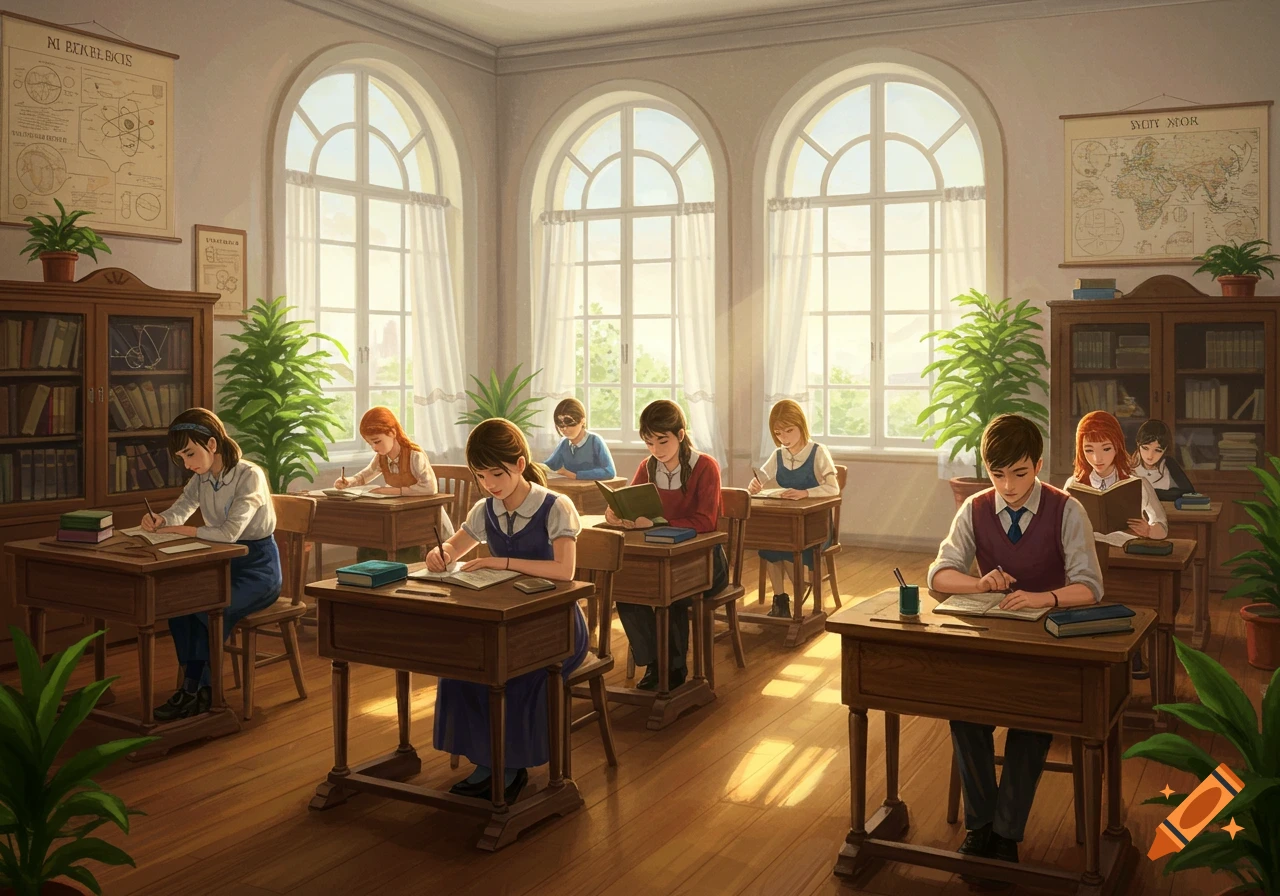 An illustration of students in a bright classroom with large arched windows, studying at wooden desks. Posters and bookshelves adorn the walls.
