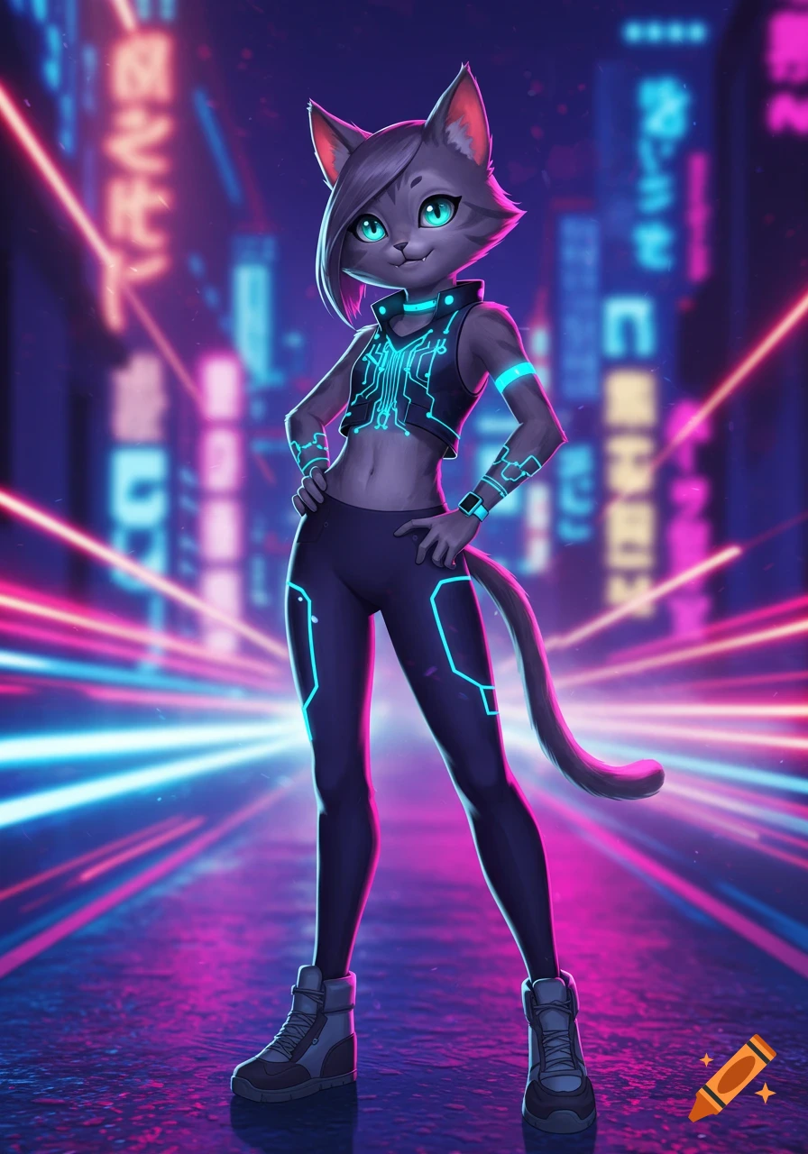 Anime cat girl with glowing cybernetic clothes standing on a neon cyberpunk street.