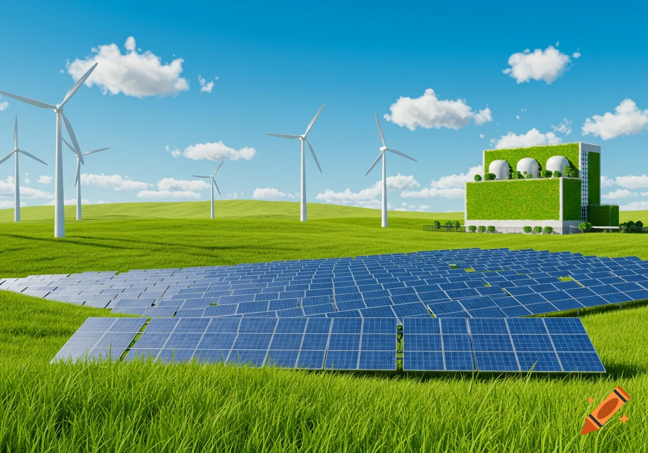 Photorealistic image of solar panels and wind turbines in a green field with a green building under a blue sky.
