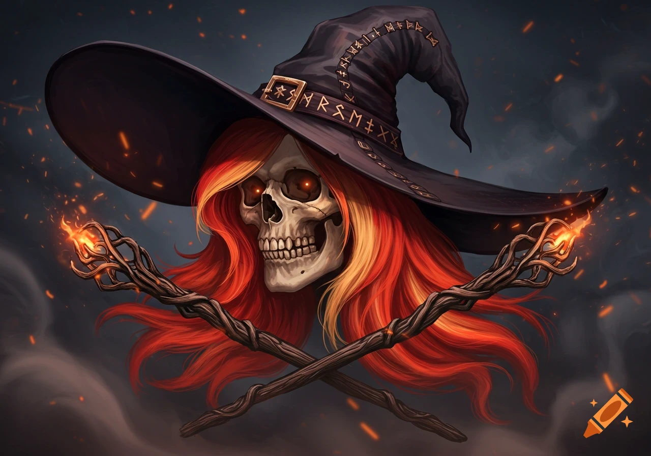 A skull with glowing red eyes and fiery red and blonde hair wears a witch hat, with two crossed fiery wands in front. Dark fantasy art.