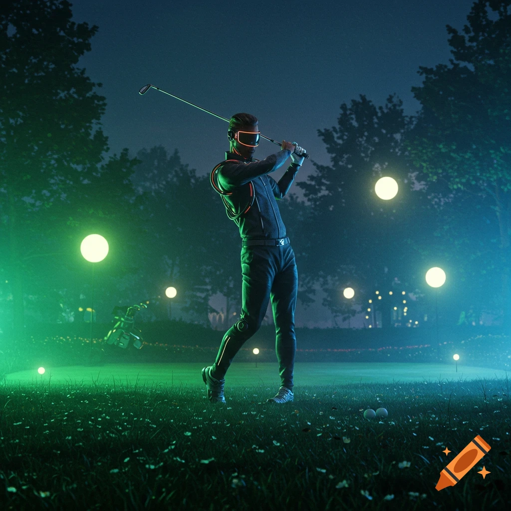 A futuristic golfer in a neon visor swings a club on a dark course with glowing green lights and trees.