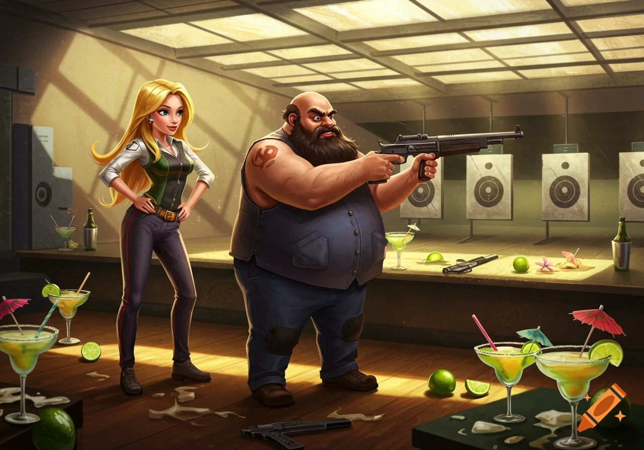 A cartoon illustration of a blonde woman and a large bearded man at a shooting range, surrounded by margaritas.