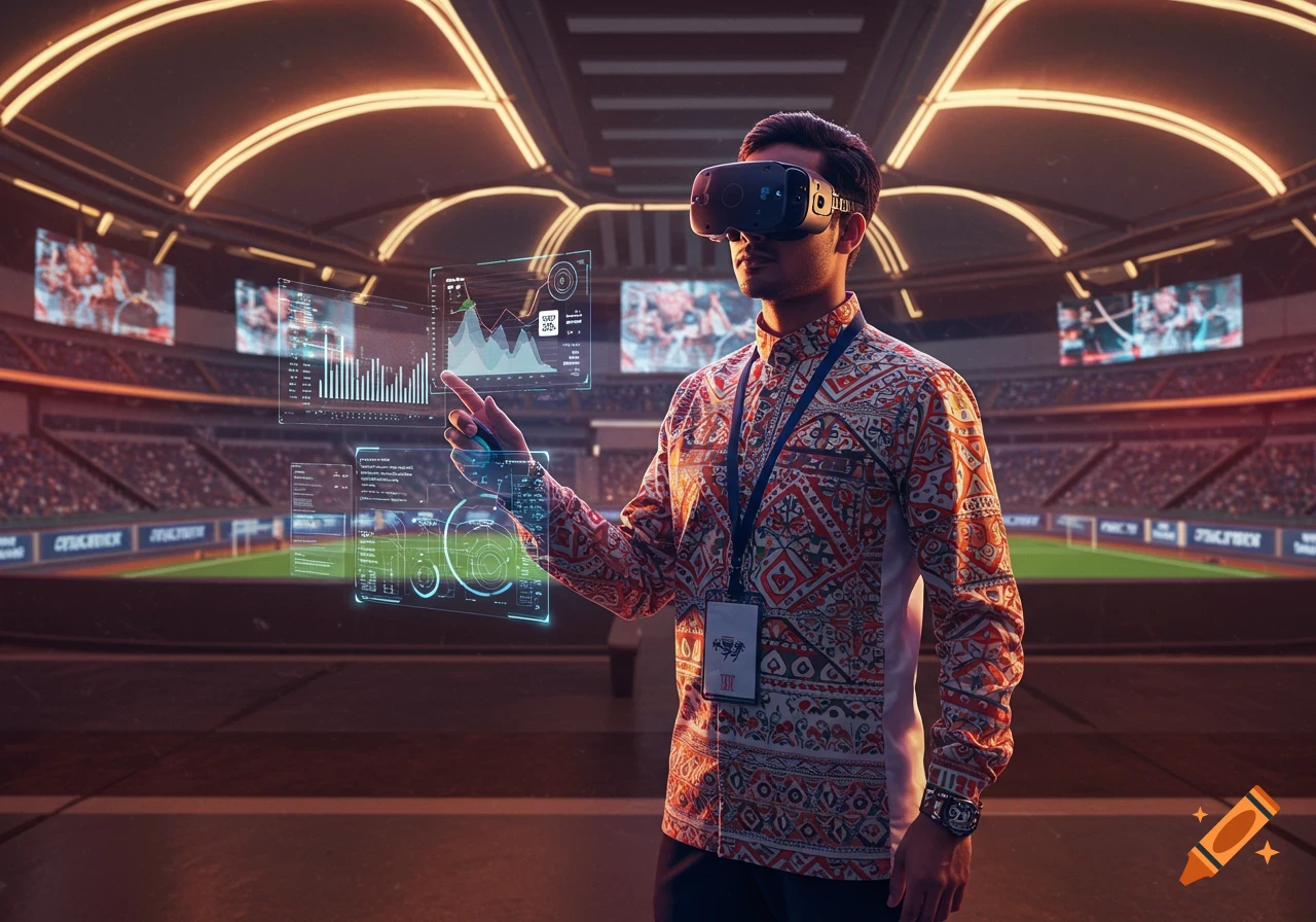A man wearing a VR headset interacts with holographic data screens in a modern sports stadium.
