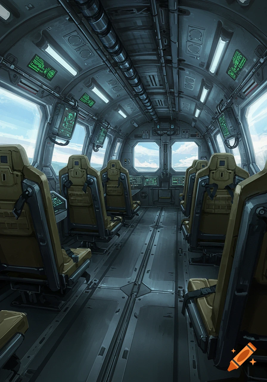Interior of a futuristic troop transporter with rows of seats, multiple green-lit screens, and large windows revealing a sky.