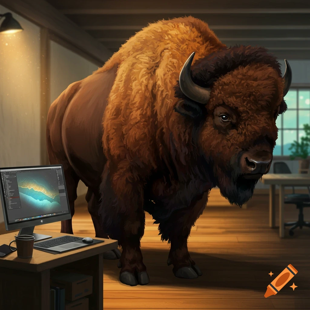 A large, brown, shaggy buffalo stands in an office. A computer monitor displaying a graph is on a desk in the foreground.