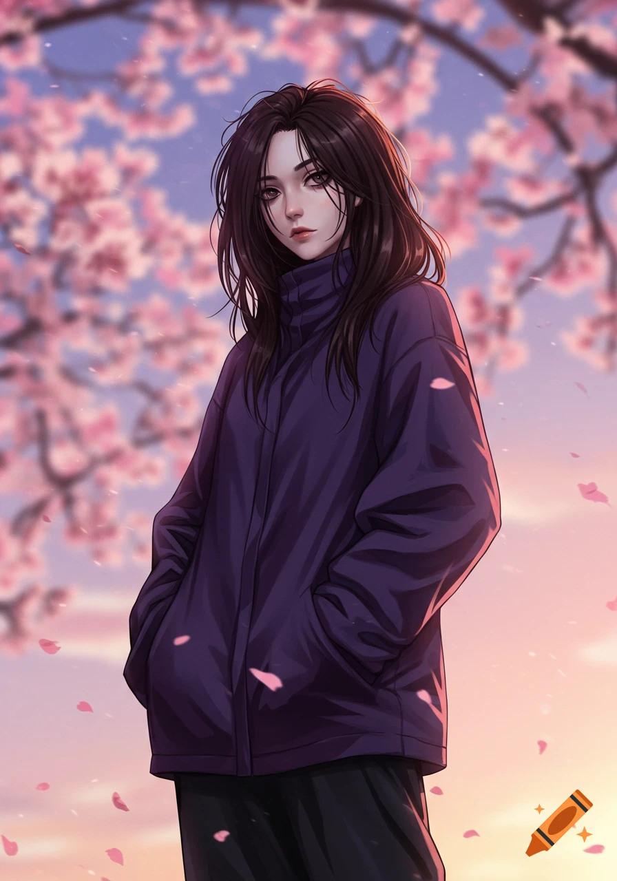 Anime illustration of a young woman with dark hair in a purple jacket, standing under blooming cherry blossom trees.