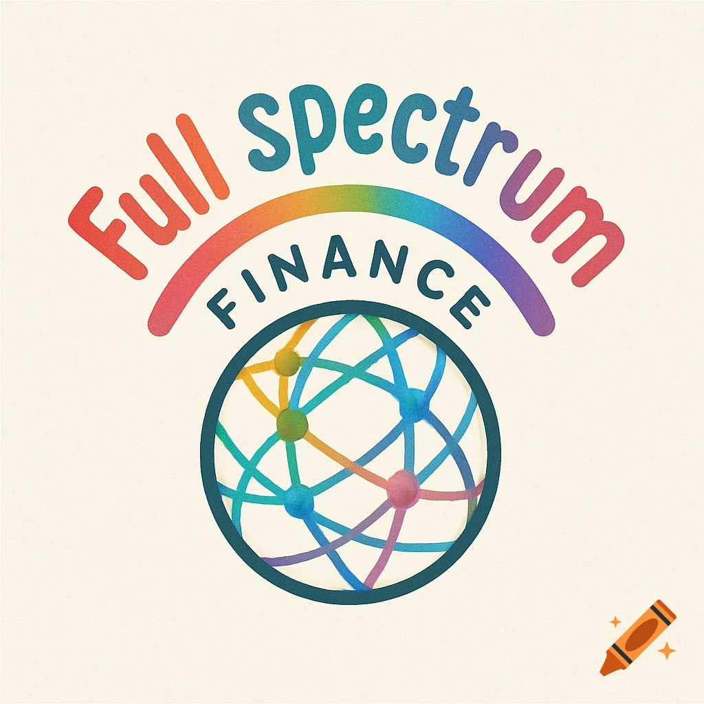 A logo with 'Full spectrum' text over a rainbow arc, 'FINANCE' below, and a stylized globe with colorful connecting lines and dots.