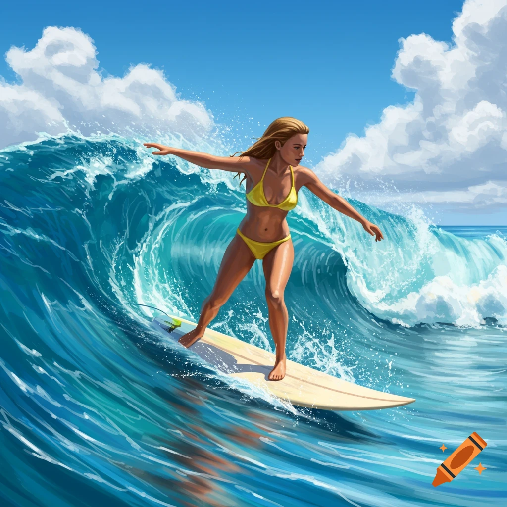 A woman in a yellow bikini surfs on a large blue ocean wave under a bright sky.