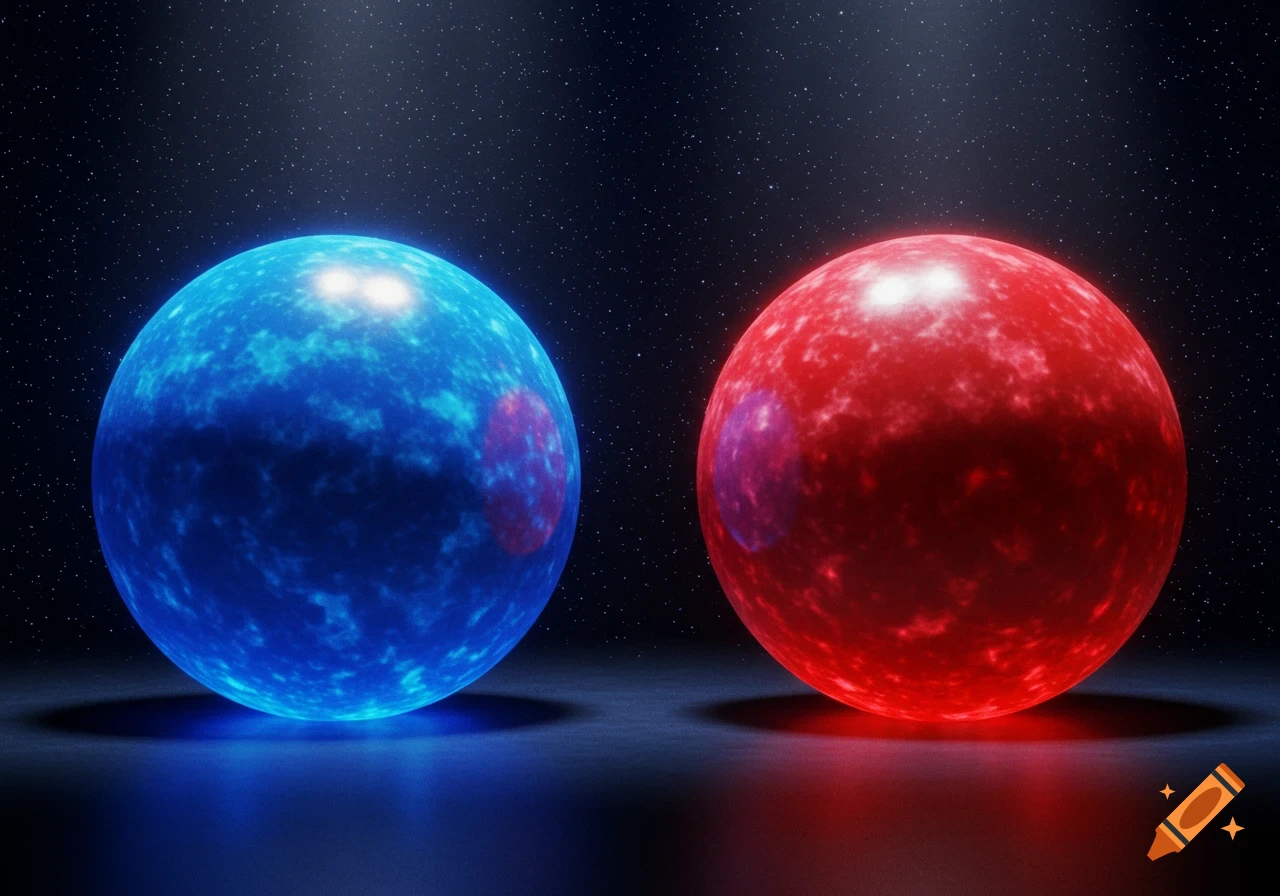 A glowing blue sphere and a glowing red sphere sit on a dark surface under a starry night sky.