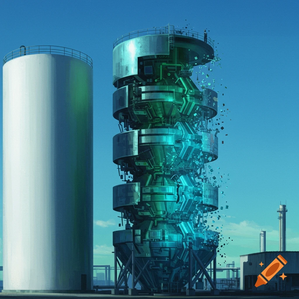 Hyper-realistic image of a white industrial silo next to a deconstructing metallic silo made of teal and green pieces under a blue sky.