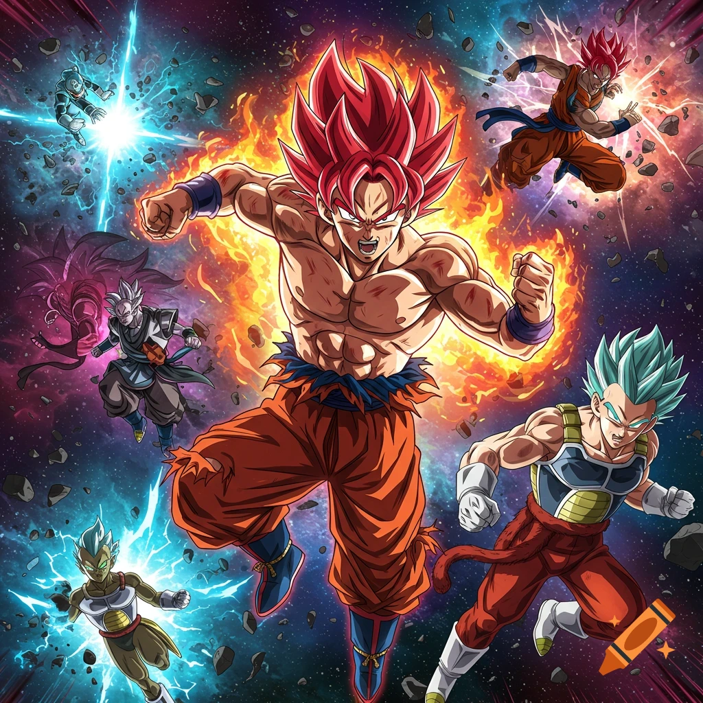Vibrant anime illustration of multiple muscular Dragon Ball characters, including Super Saiyan God Goku, battling in deep space amidst explosions.
