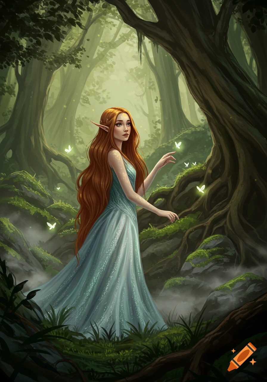 A red-haired elf in a sparkling blue dress stands in a mystical, lush green forest with glowing butterflies.